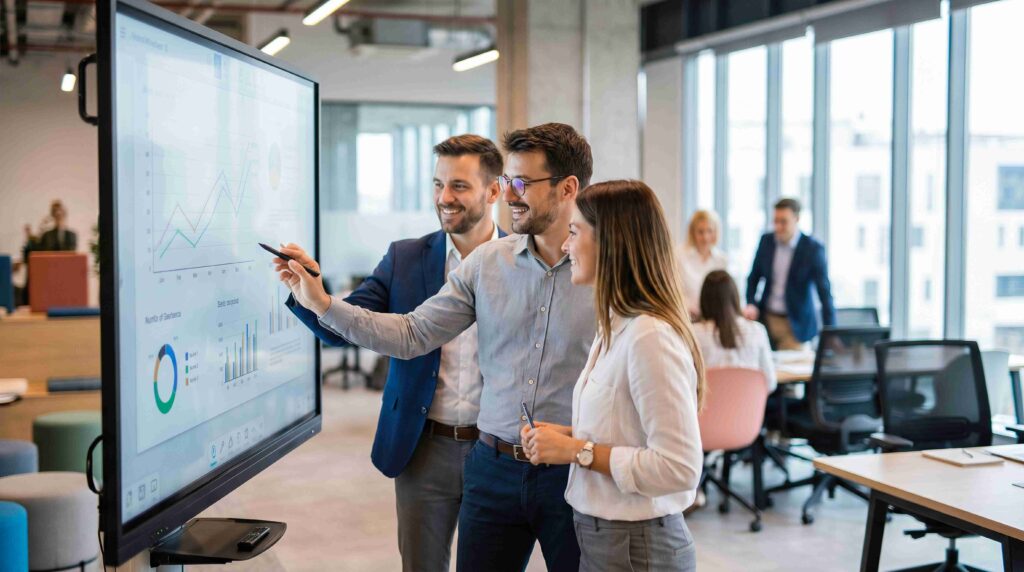 Financial advisors discussing financial planning chart on a display screen.